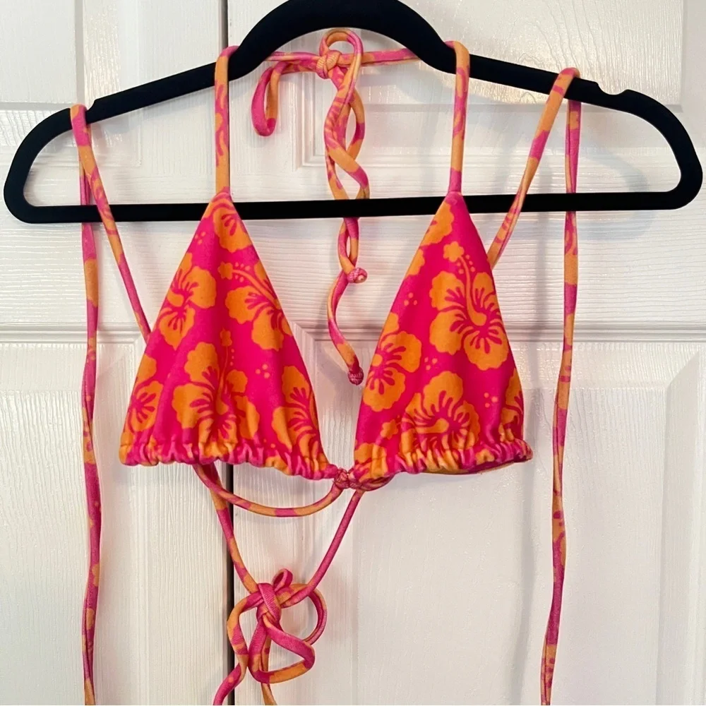 Frankies Bikinis Orange and Pink Terry Hibiscus 3 Piece Bikini Set Size L